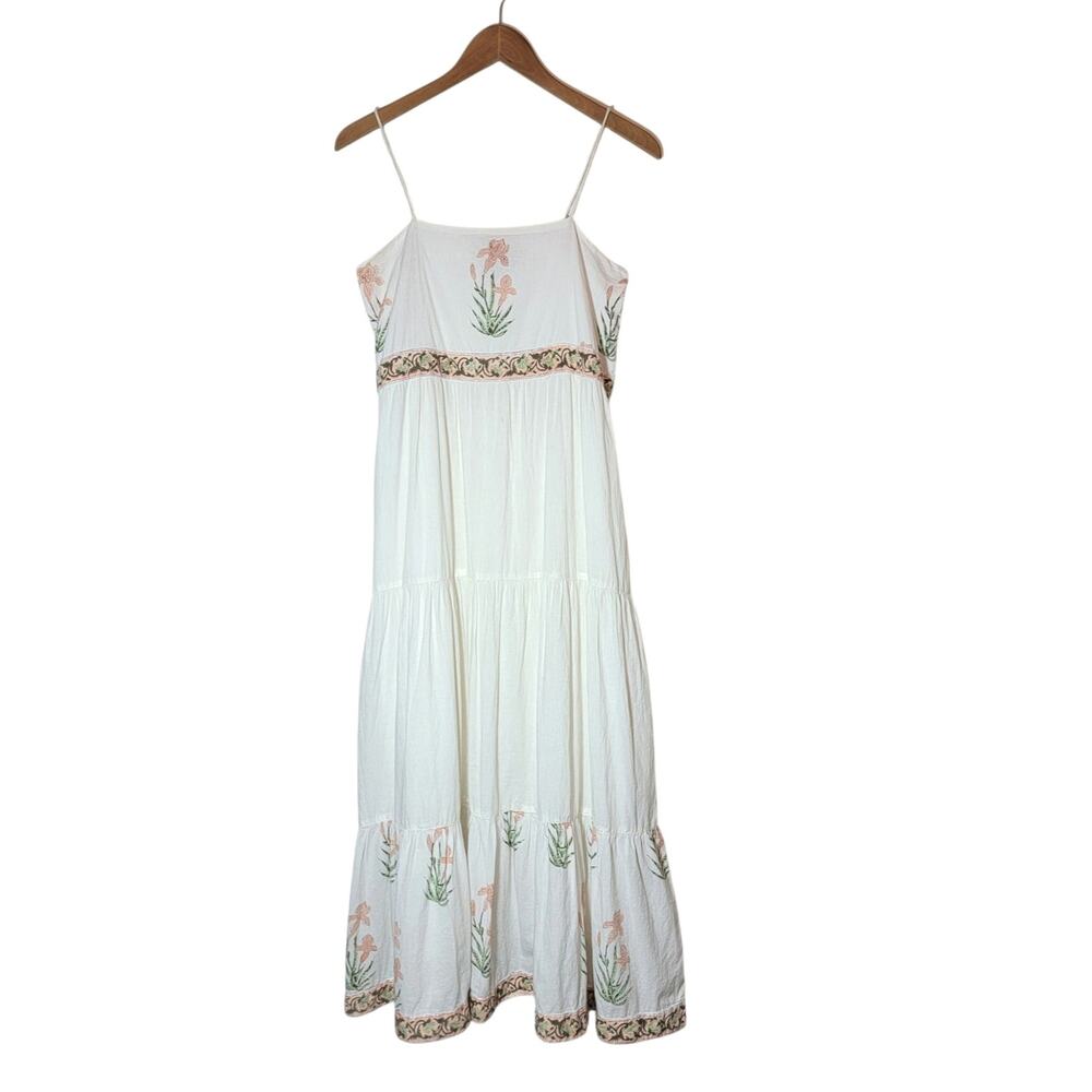 Madison Mathews White Cotton Embroidered Maxi Dress Boho Ruffled Hem L - Picture 2 of 16
